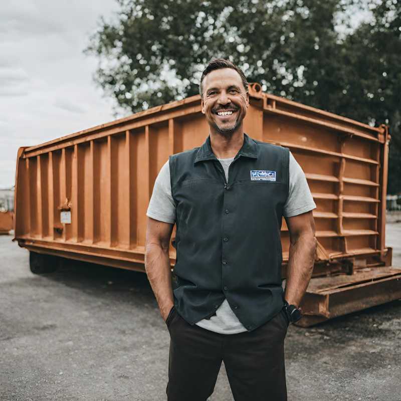 man standing in front of an orange roll off dumpster